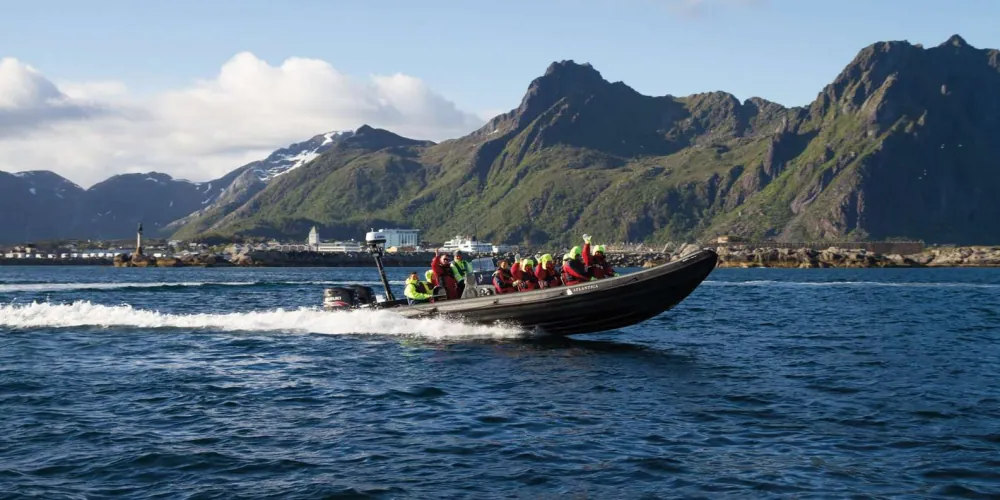 The RIB cruising toward the mountains on a bright Lofoten day