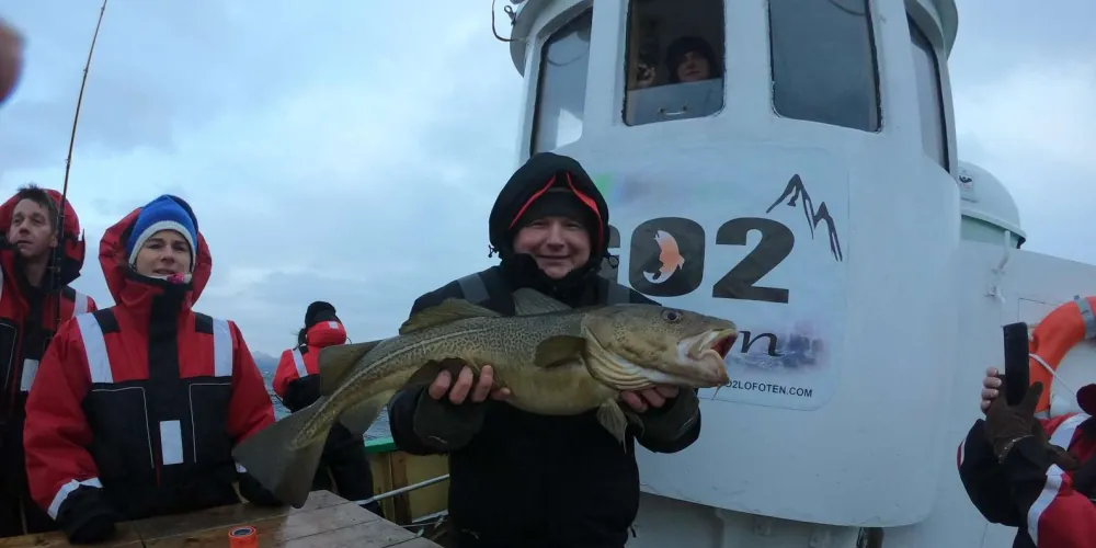 A guest in warm gear with a big cod aboard the Svolvær fishing boat